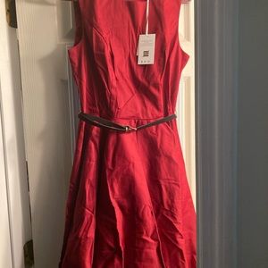 Red dress knee length formal dress black belt